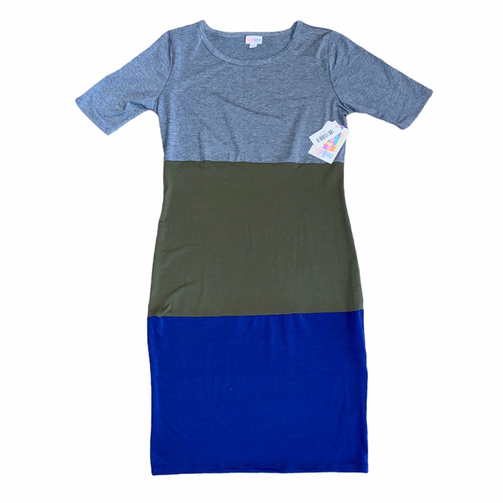 NWT LuLaRoe Gray Green Blue Color Block Julia Dress sz M